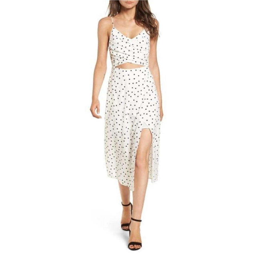 LUSH Midi Dress Ivory White Black Polka Dots Crossover Wrap